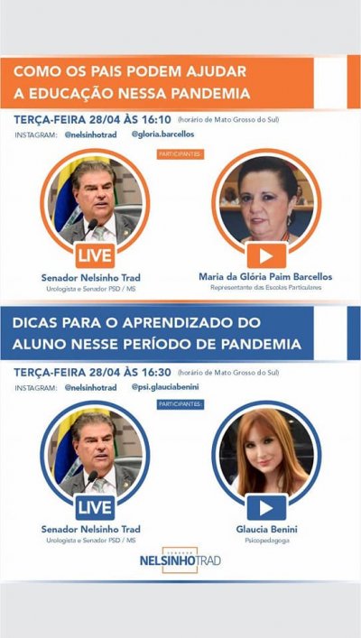 O senador Nelsinho Trad far hoje duas lives sobre educao